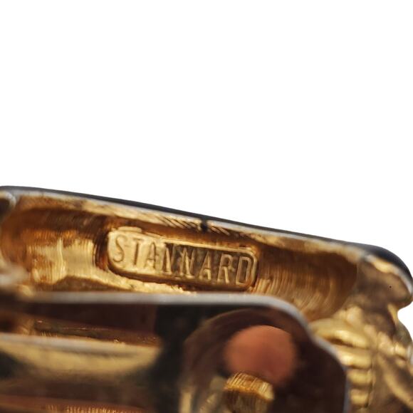 Black Gold Half Hoop Earrings Clip On Enamel Rhinestone Donald Stannard Vintage - Picture 5 of 5